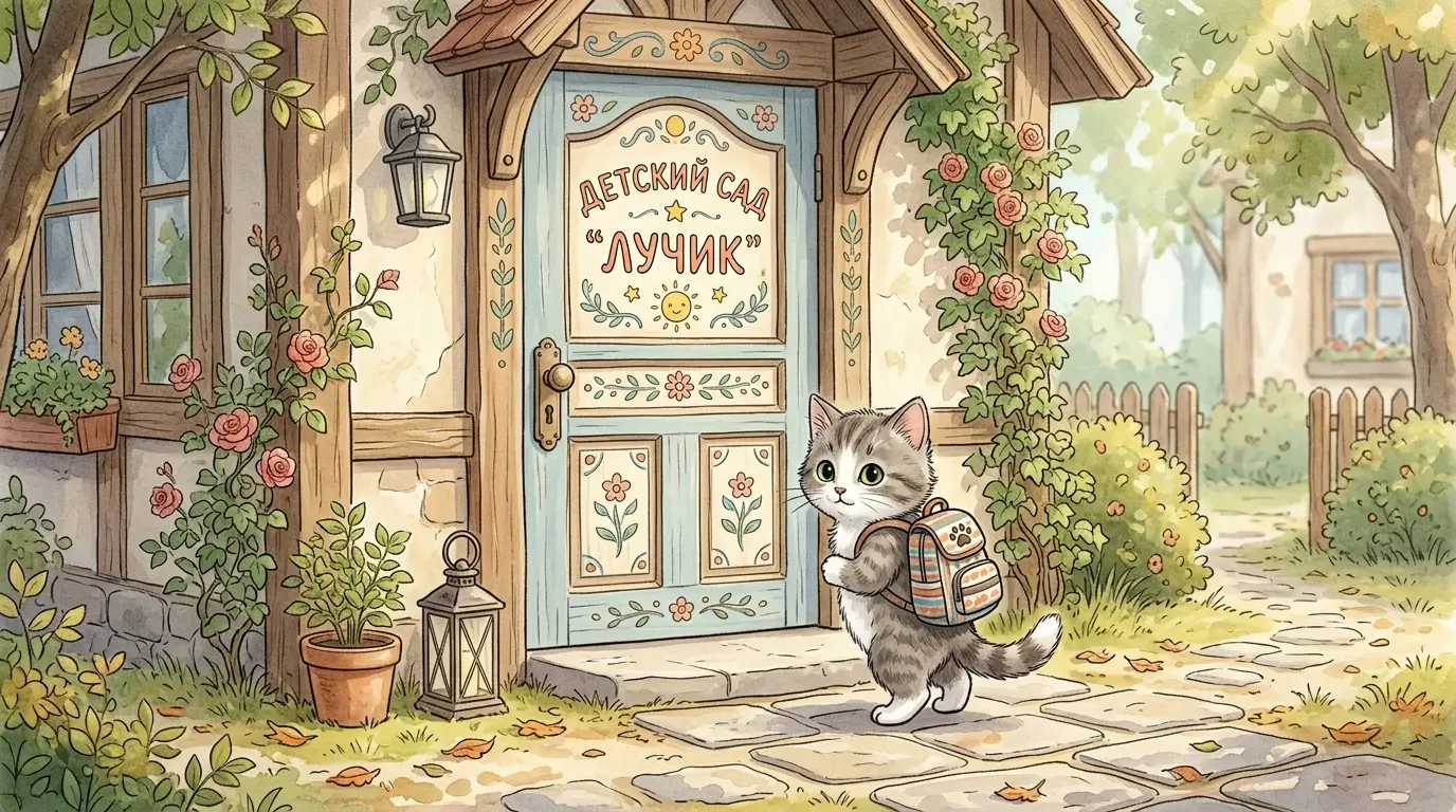 Котёнок Тишка стоит у ворот детского сада с рюкзачком