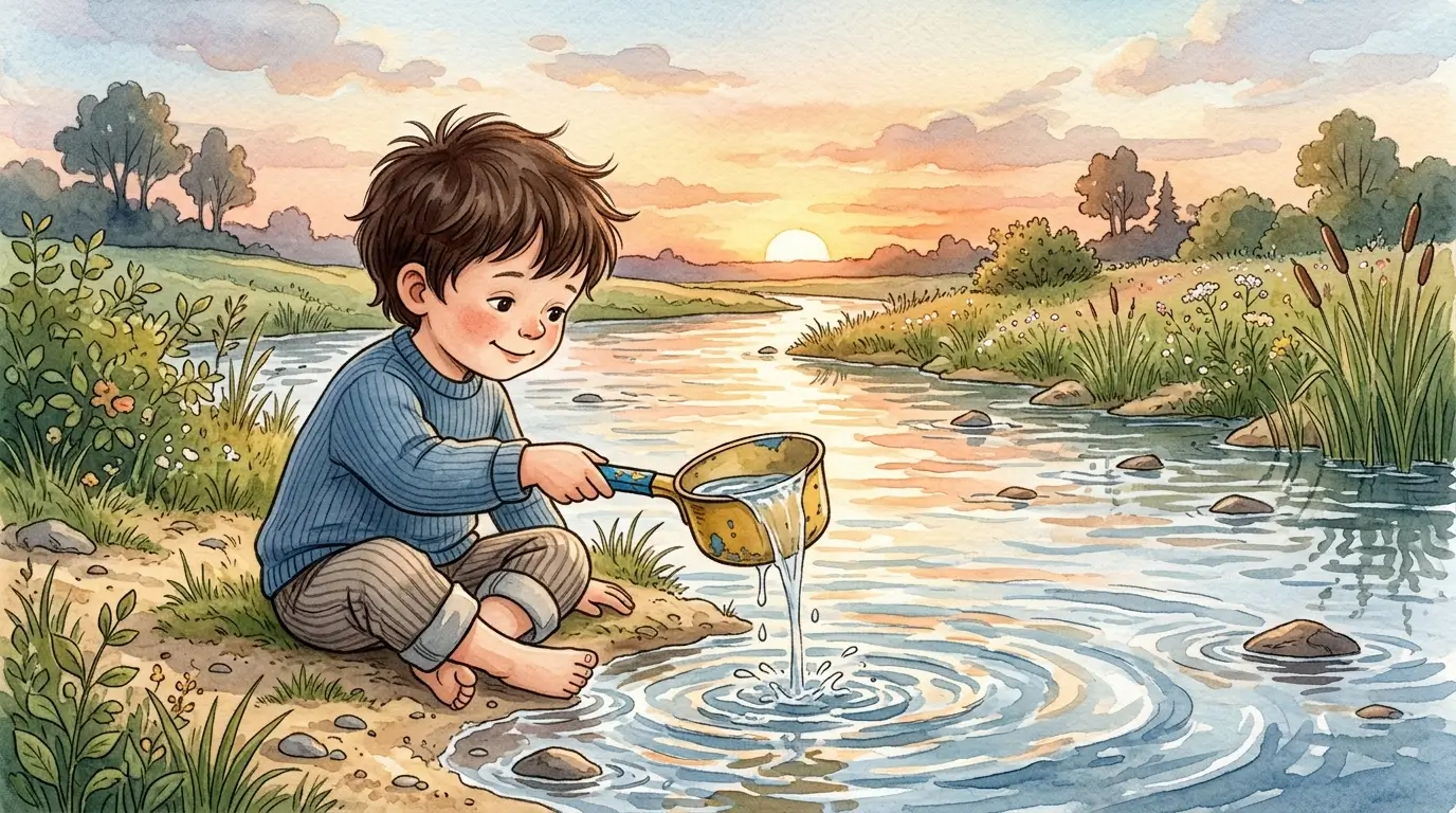 Мальчик Костя с жёлтым ковшиком сидит у реки на закате — иллюстрация к терапевтической сказке про детский сад