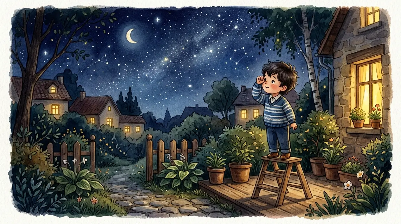 Мальчик Костя смотрит через кулачок на звёздный двор — иллюстрация к сказке про прогулку