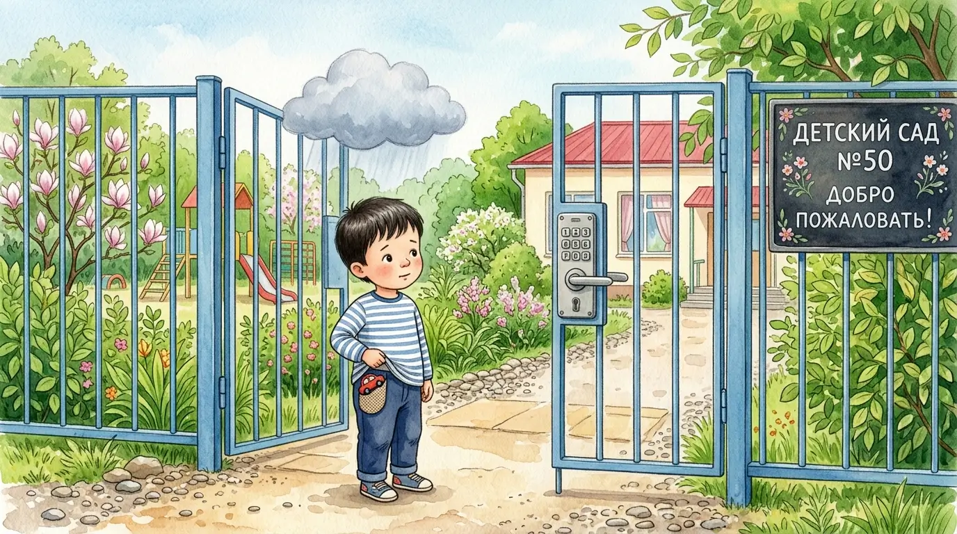Мальчик Костя стоит у ворот детского сада, в кармане машинка, над ним маленькое серое облачко
