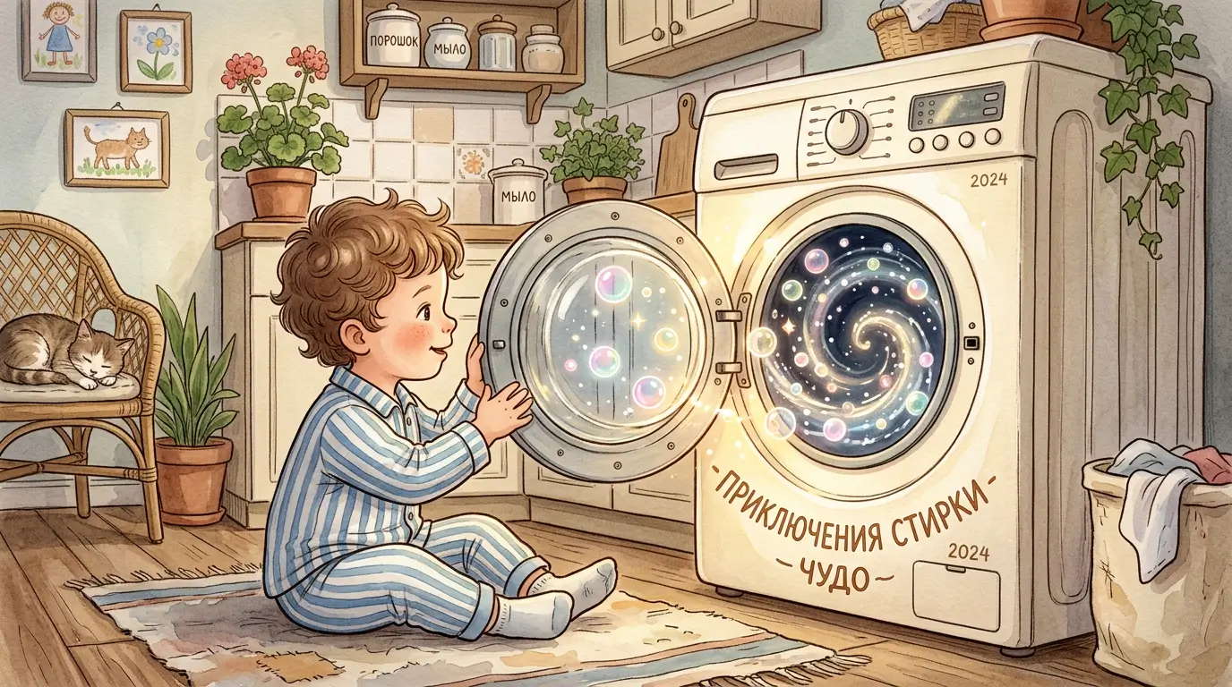 Маленький мальчик сидит перед круглым иллюминатором стиральной машины, внутри которого кружатся светящиеся пузырьки