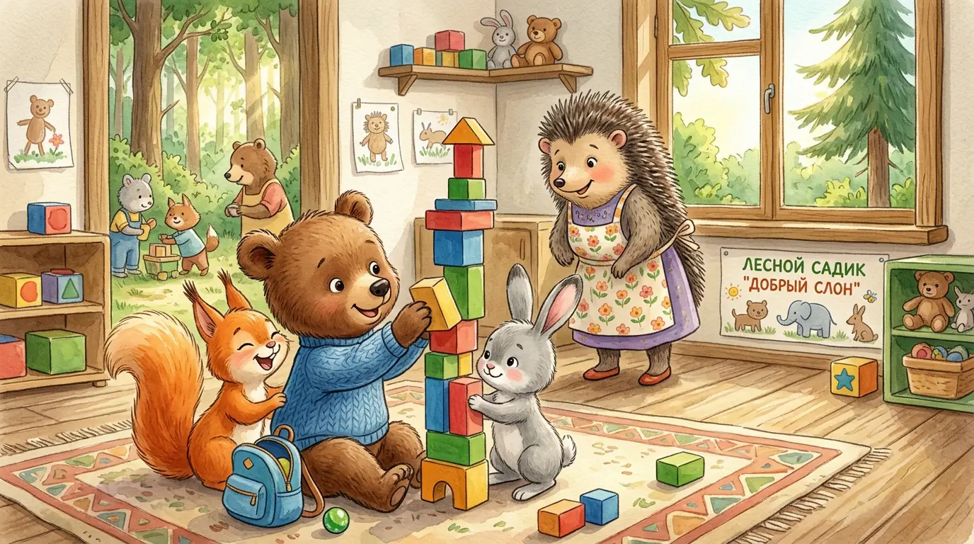 Медвежонок Миша с рюкзачком стоит у ворот детского садика и улыбается