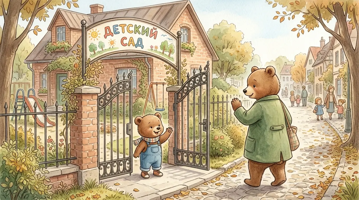 Мишка Тёма стоит у ворот детского сада и машет лапкой маме