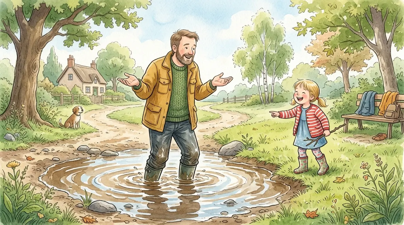 Папа стоит по пояс в луже, дочка смеётся на берегу